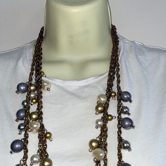 Three strand long necklace with large cream, silver & gold pearlized beads - Picture 3 of 4